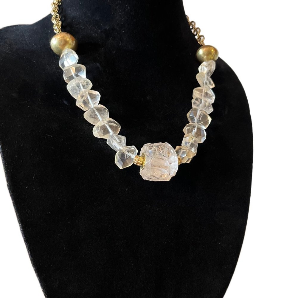 Handcrafted Chunky Necklace. Clear Crystal Quartz & Gold tone accents & Chain. - Picture 3 of 5